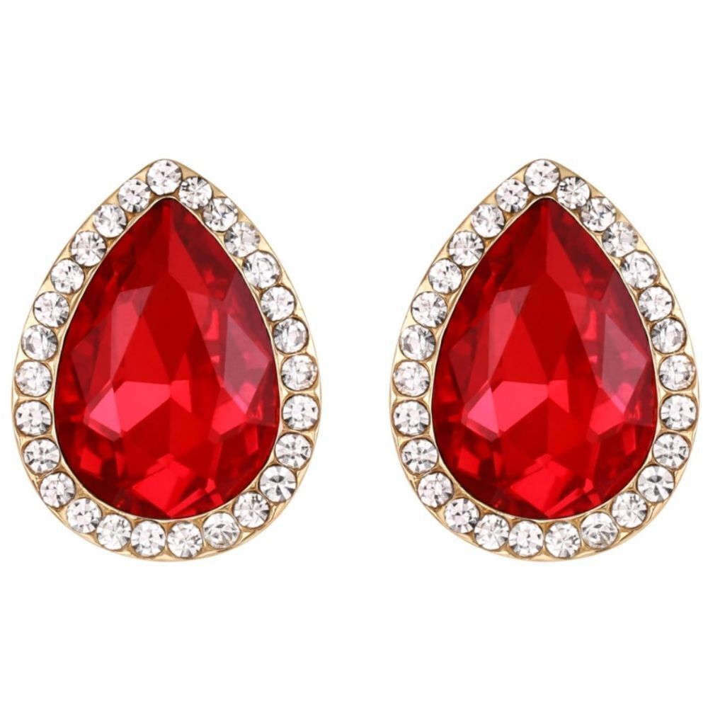 Yellow Gold with Ruby Red and Diamond Austrian Crystal Teardrop Stud Earrings